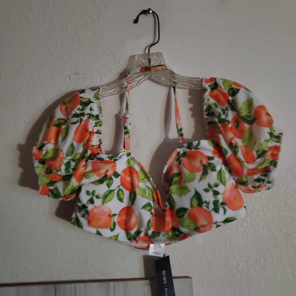 BCBG Paris Peach Poof Sleeve  Bathing Suit Halter Top Size 2XL